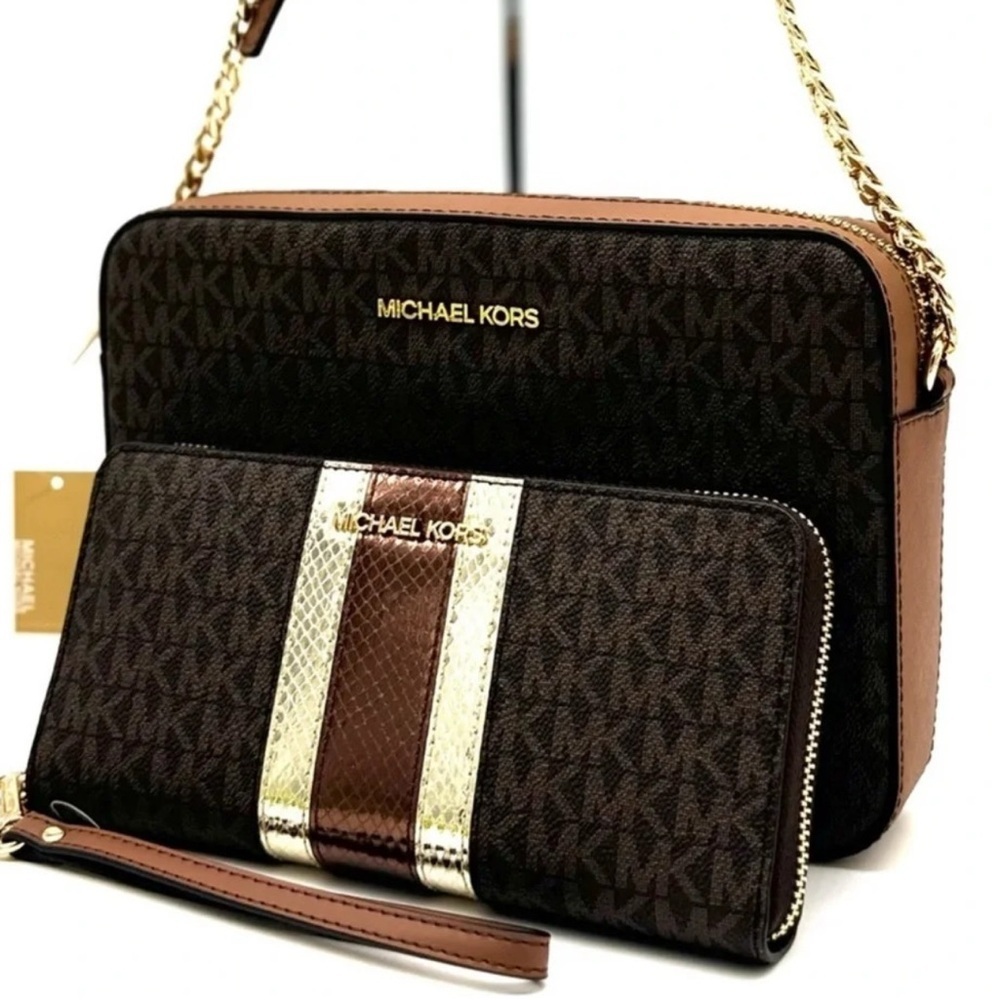 Michael Kors Large EW Zip Chain Xbody Crossbody Bag & Continental Wallet Brown
